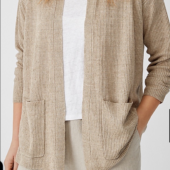 EILEEN FISHER ORGANIC LINEN DELAVE HIGH COLLAR CARDIGAN - Picture 1 of 9